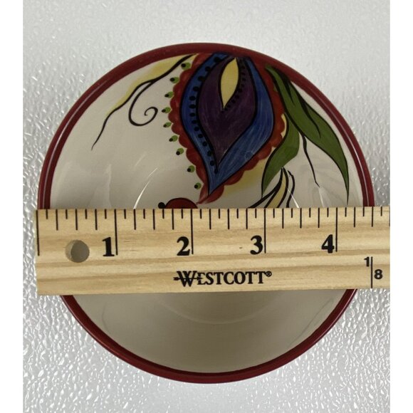 Corsica Kingston Handcrafted Red Trim Ceramic Colorful Paisley Bowl 3" X 3.75" - Picture 6 of 9